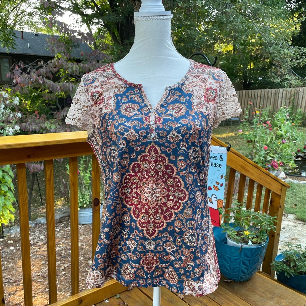 Floral Lace Women's Top - Blue and Burgundy